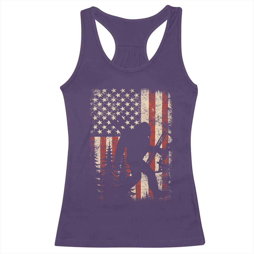 Bow Hunting Bigfoot America Flag Racerback Tank Top Patriotic Sasquatch With Archer Hunter Dad