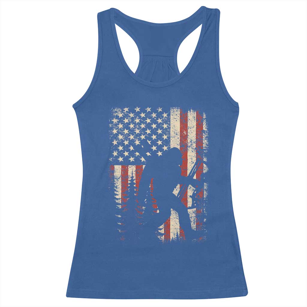 Bow Hunting Bigfoot America Flag Racerback Tank Top Patriotic Sasquatch With Archer Hunter Dad