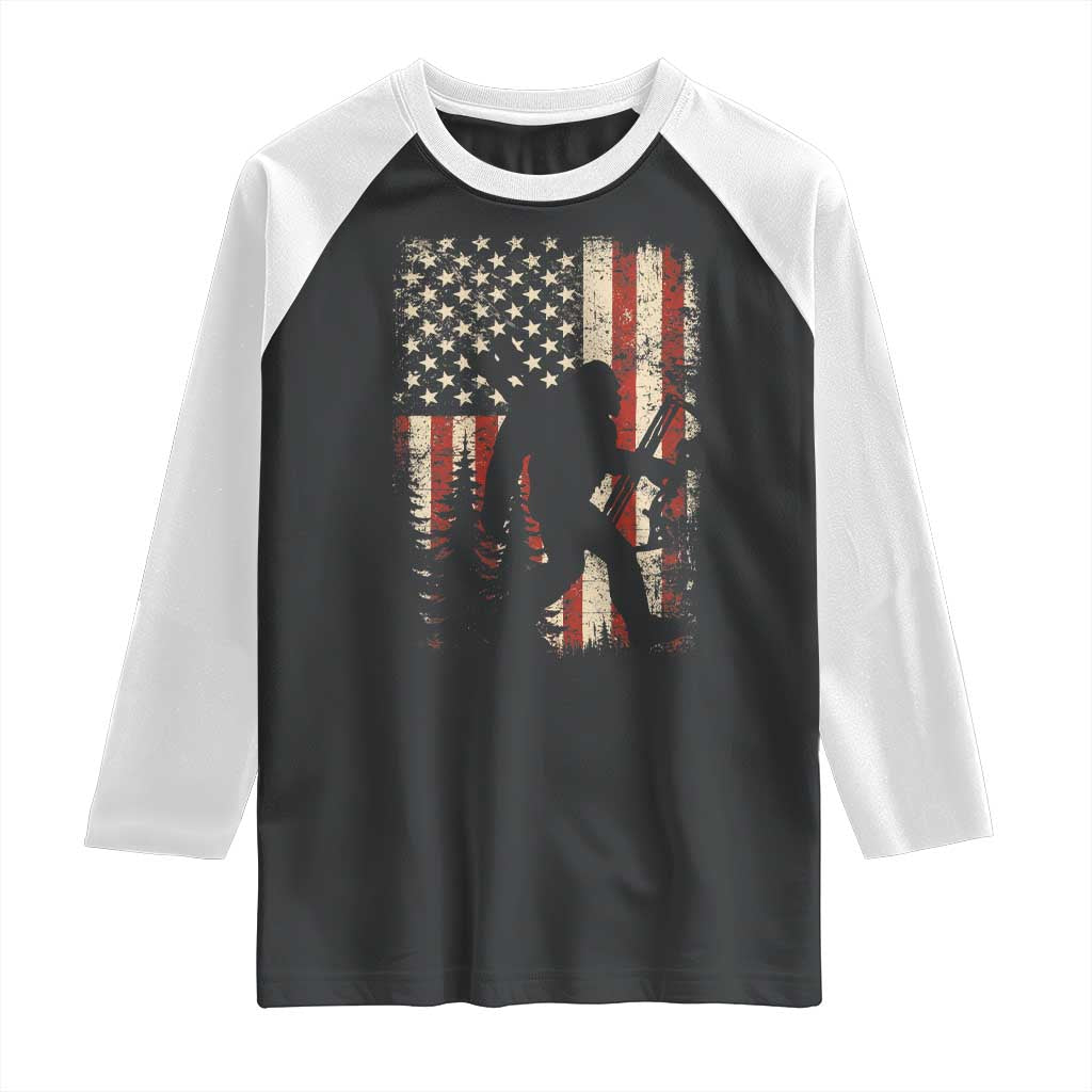 Bow Hunting Bigfoot America Flag Raglan Shirt Patriotic Sasquatch With Archer Hunter Dad