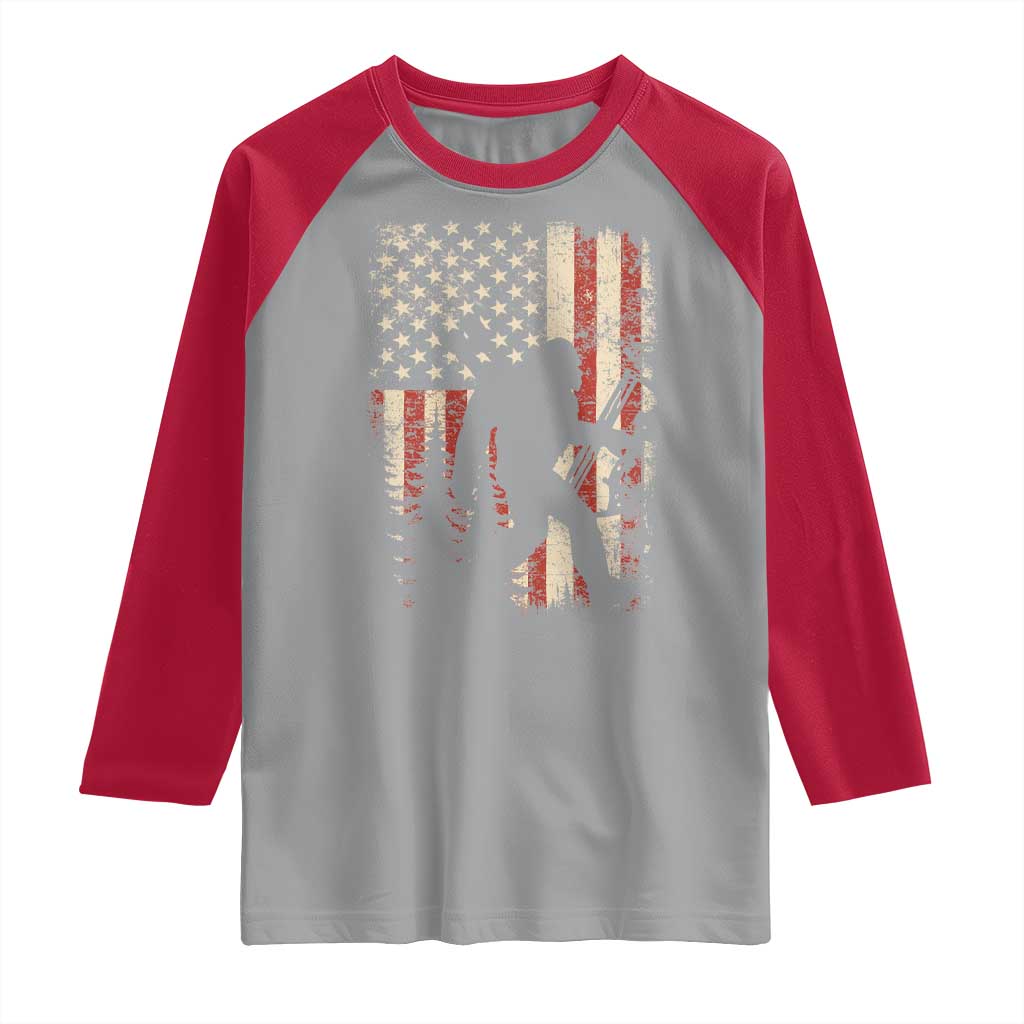 Bow Hunting Bigfoot America Flag Raglan Shirt Patriotic Sasquatch With Archer Hunter Dad