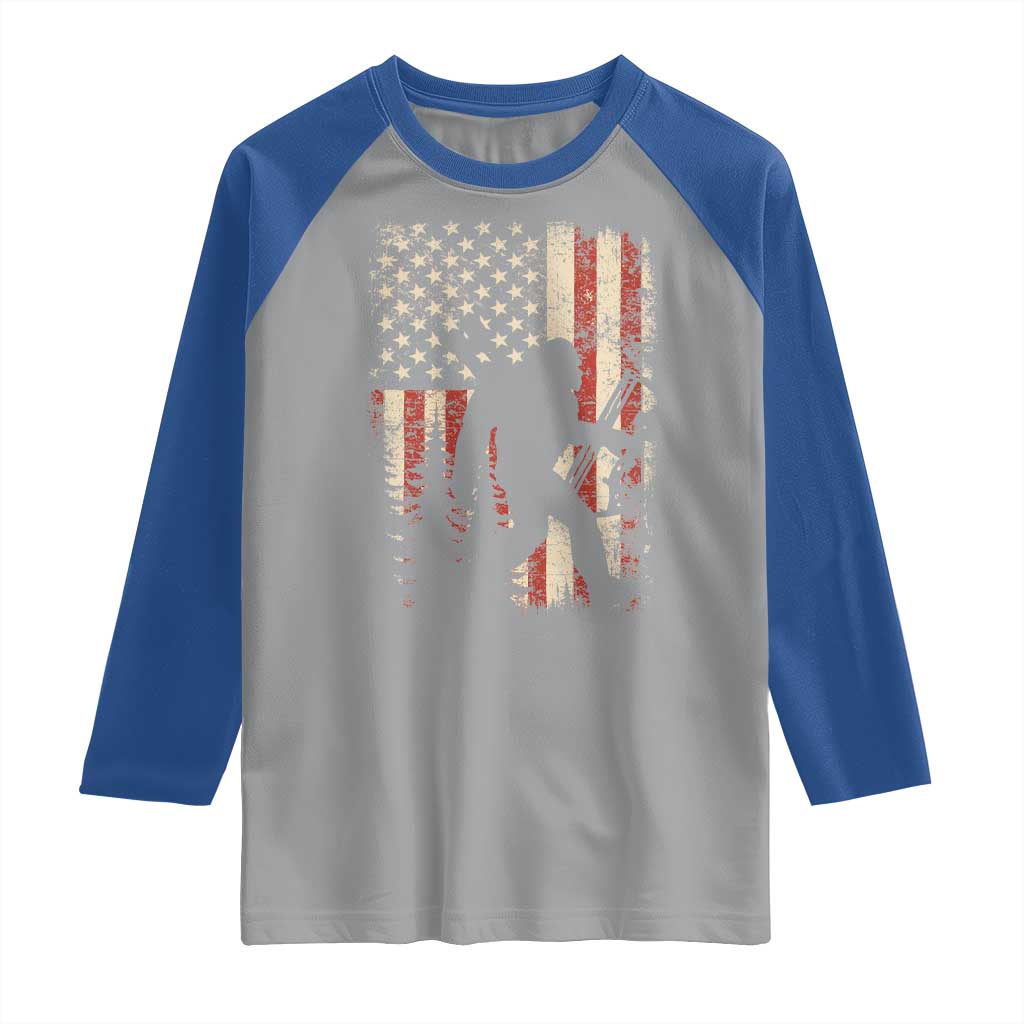 Bow Hunting Bigfoot America Flag Raglan Shirt Patriotic Sasquatch With Archer Hunter Dad