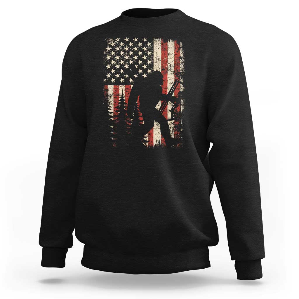 Bow Hunting Bigfoot America Flag Sweatshirt Patriotic Sasquatch With Archer Hunter Dad