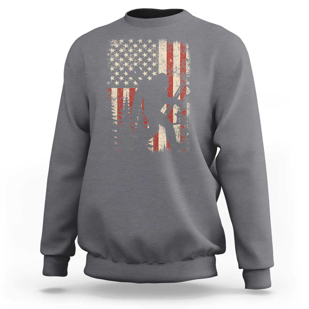 Bow Hunting Bigfoot America Flag Sweatshirt Patriotic Sasquatch With Archer Hunter Dad