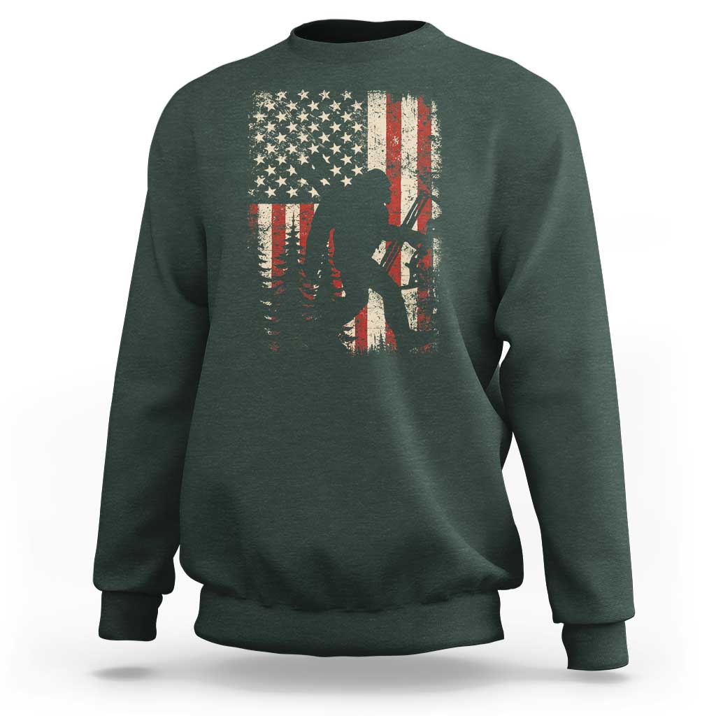 Bow Hunting Bigfoot America Flag Sweatshirt Patriotic Sasquatch With Archer Hunter Dad