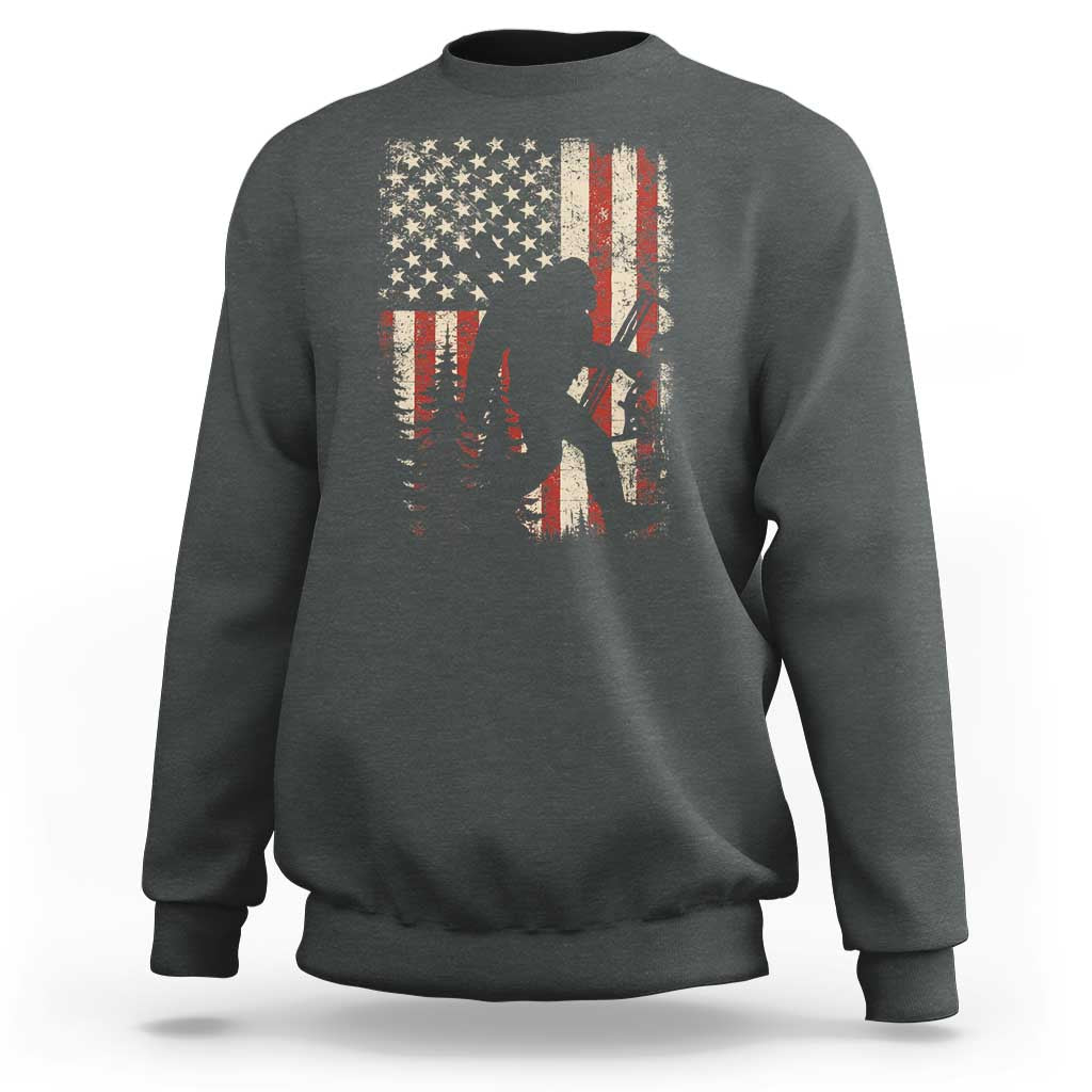 Bow Hunting Bigfoot America Flag Sweatshirt Patriotic Sasquatch With Archer Hunter Dad