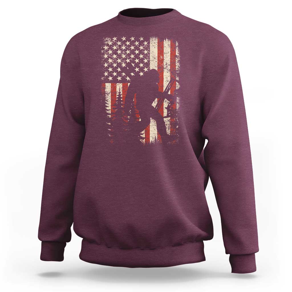 Bow Hunting Bigfoot America Flag Sweatshirt Patriotic Sasquatch With Archer Hunter Dad