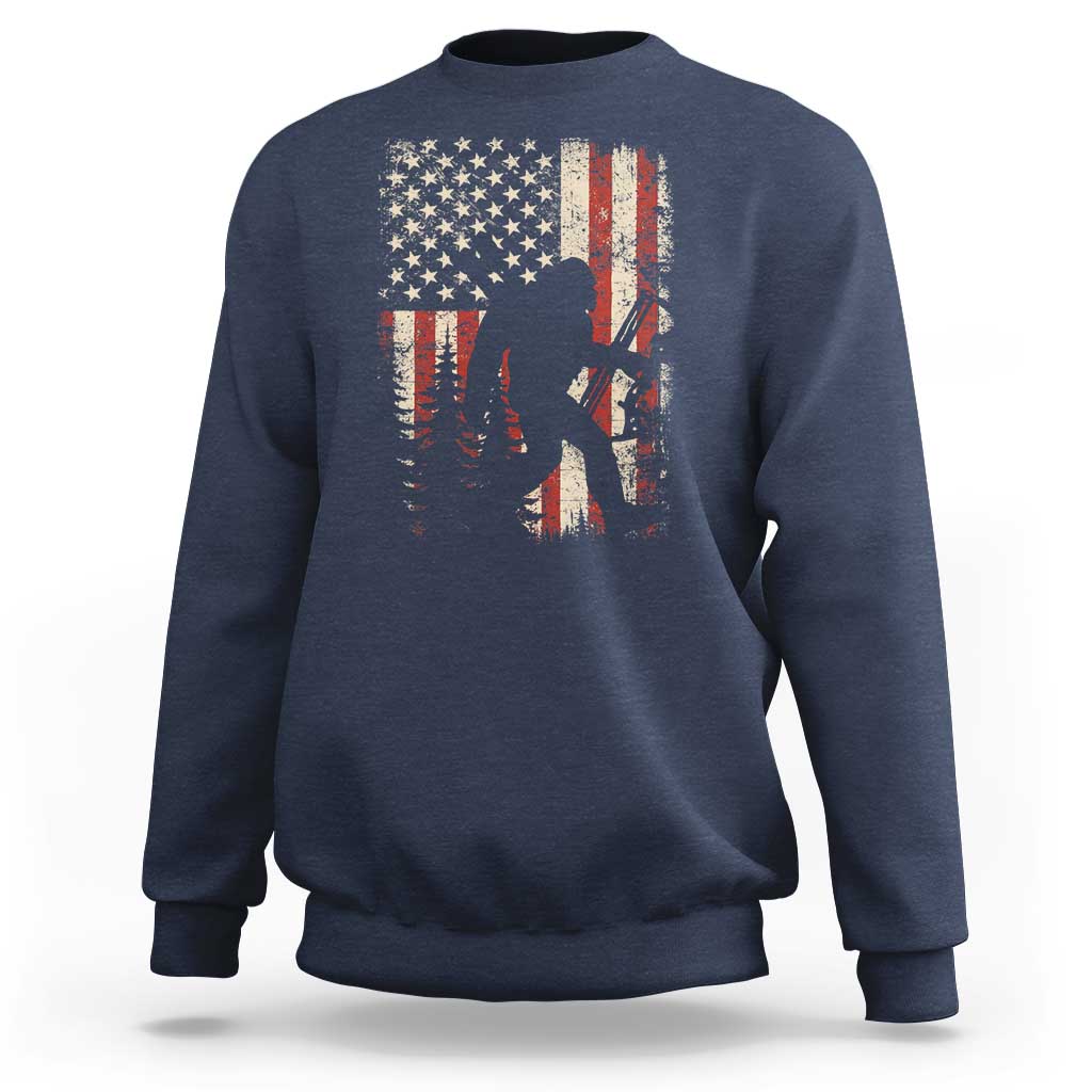 Bow Hunting Bigfoot America Flag Sweatshirt Patriotic Sasquatch With Archer Hunter Dad
