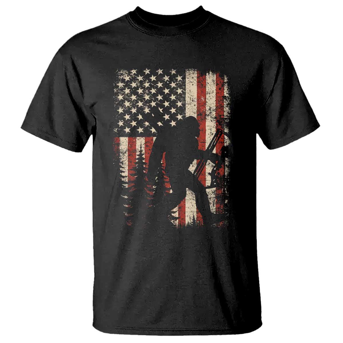 Bow Hunting Bigfoot America Flag T Shirt Patriotic Sasquatch With Archer Hunter Dad