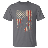Bow Hunting Bigfoot America Flag T Shirt Patriotic Sasquatch With Archer Hunter Dad