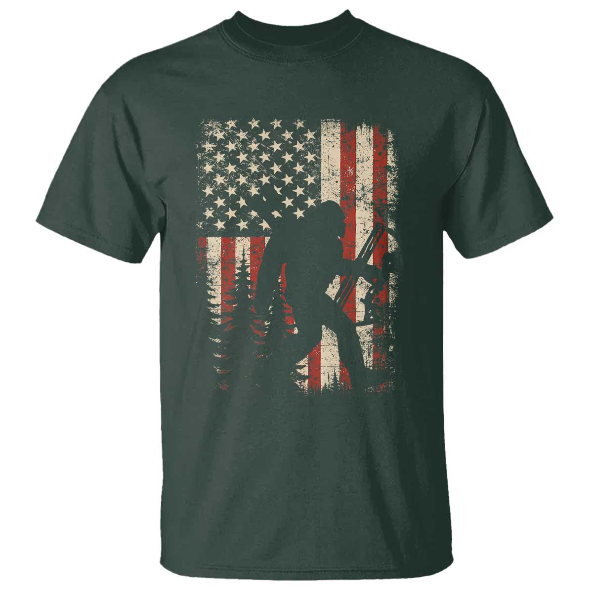 Bow Hunting Bigfoot America Flag T Shirt Patriotic Sasquatch With Archer Hunter Dad