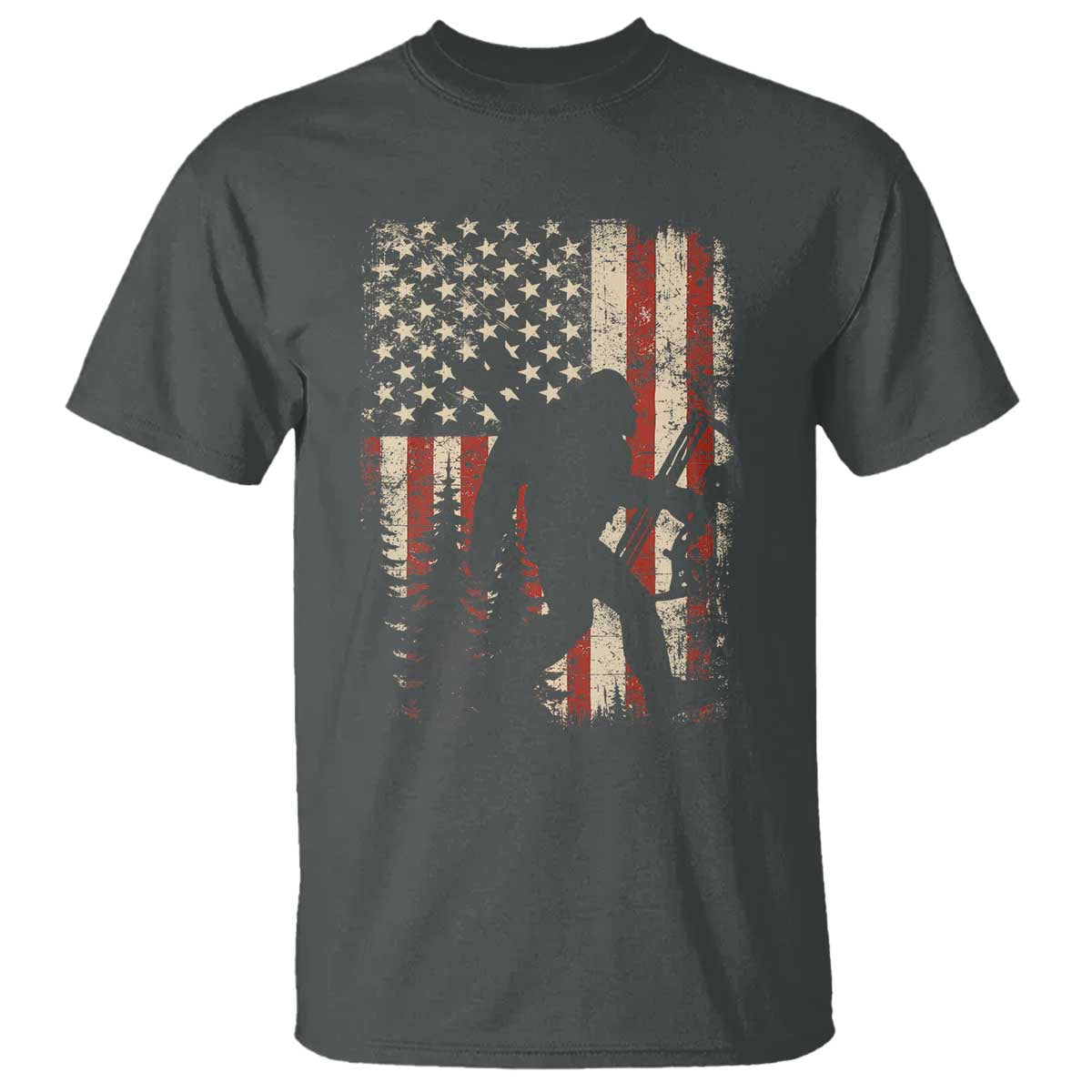 Bow Hunting Bigfoot America Flag T Shirt Patriotic Sasquatch With Archer Hunter Dad
