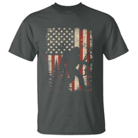 Bow Hunting Bigfoot America Flag T Shirt Patriotic Sasquatch With Archer Hunter Dad