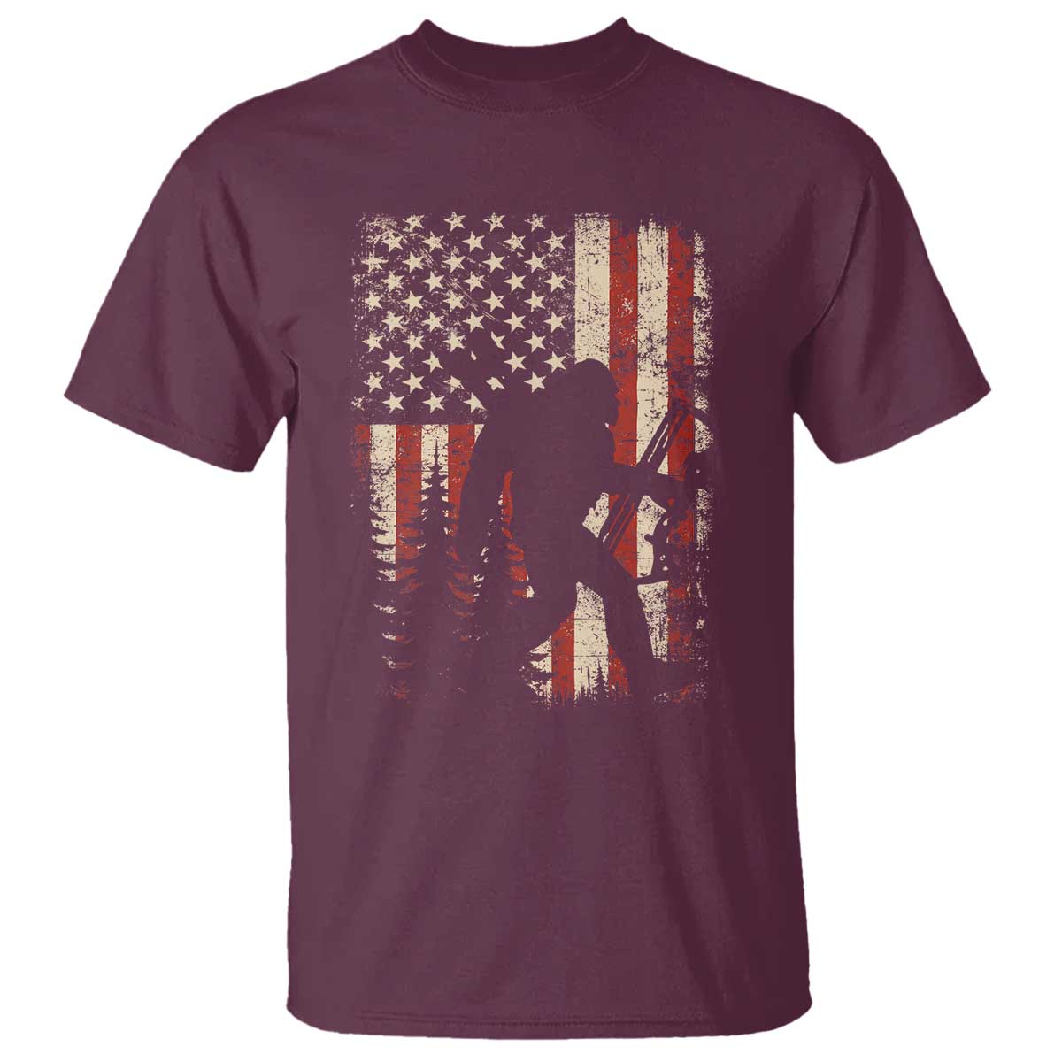 Bow Hunting Bigfoot America Flag T Shirt Patriotic Sasquatch With Archer Hunter Dad