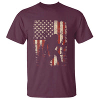 Bow Hunting Bigfoot America Flag T Shirt Patriotic Sasquatch With Archer Hunter Dad