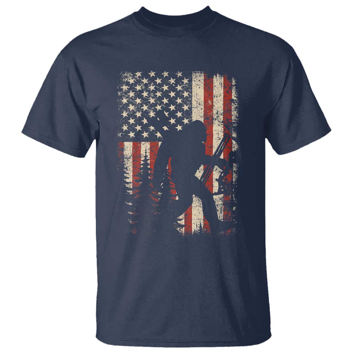 Bow Hunting Bigfoot America Flag T Shirt Patriotic Sasquatch With Archer Hunter Dad