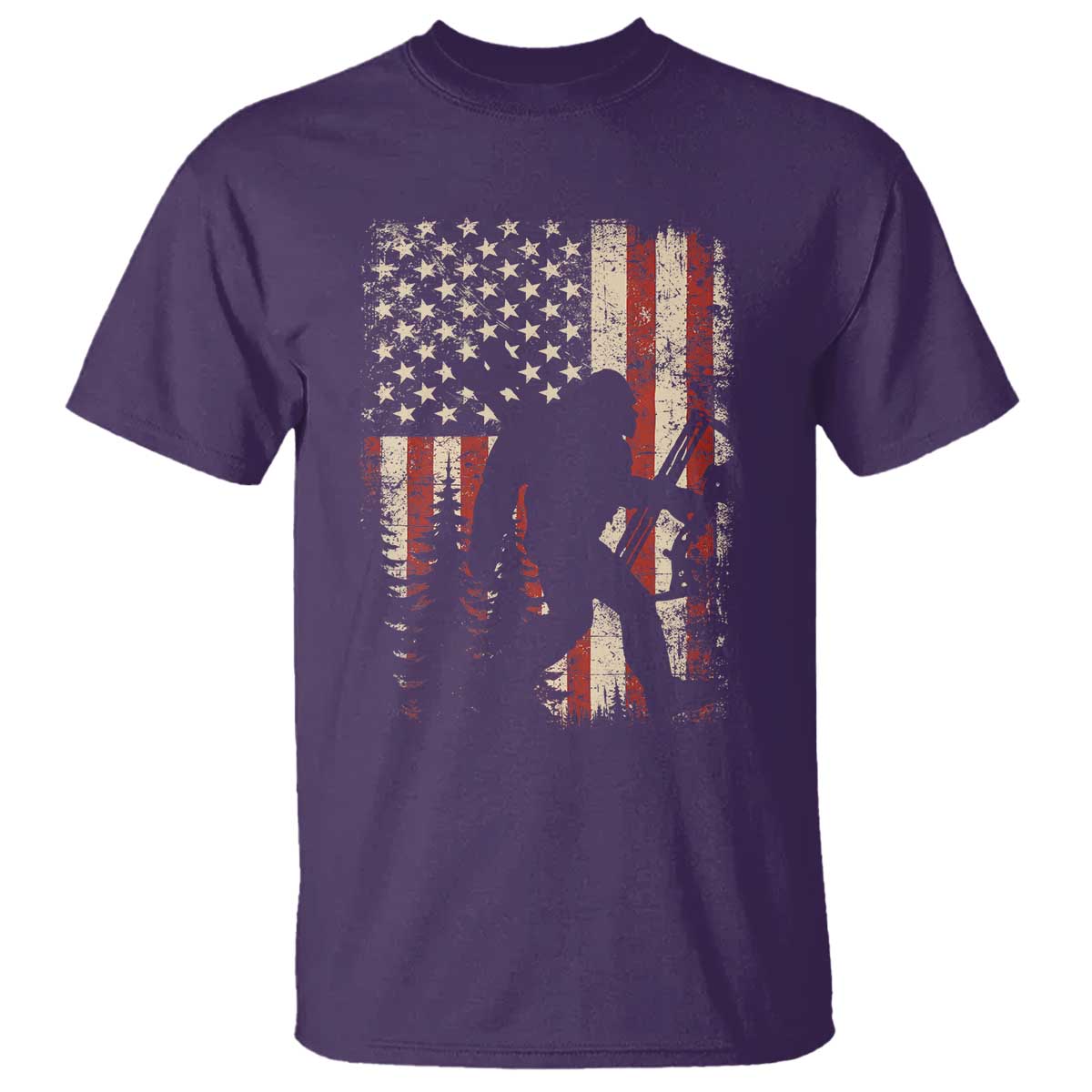 Bow Hunting Bigfoot America Flag T Shirt Patriotic Sasquatch With Archer Hunter Dad