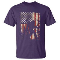 Bow Hunting Bigfoot America Flag T Shirt Patriotic Sasquatch With Archer Hunter Dad