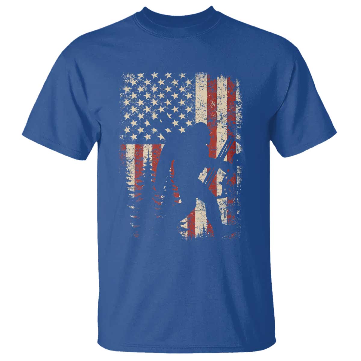 Bow Hunting Bigfoot America Flag T Shirt Patriotic Sasquatch With Archer Hunter Dad