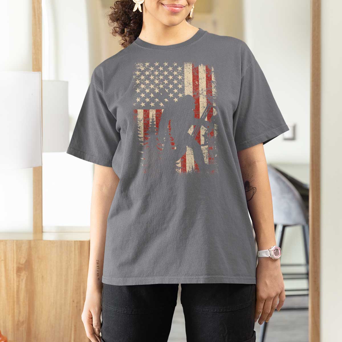 Bow Hunting Bigfoot America Flag T Shirt For Women Patriotic Sasquatch With Archer Hunter Dad
