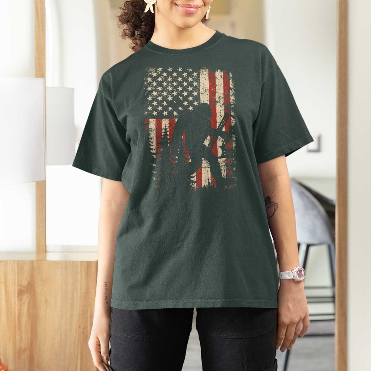 Bow Hunting Bigfoot America Flag T Shirt For Women Patriotic Sasquatch With Archer Hunter Dad