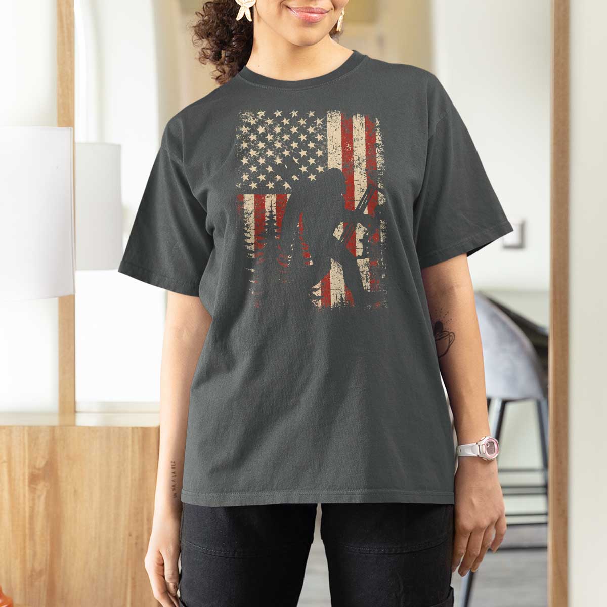 Bow Hunting Bigfoot America Flag T Shirt For Women Patriotic Sasquatch With Archer Hunter Dad