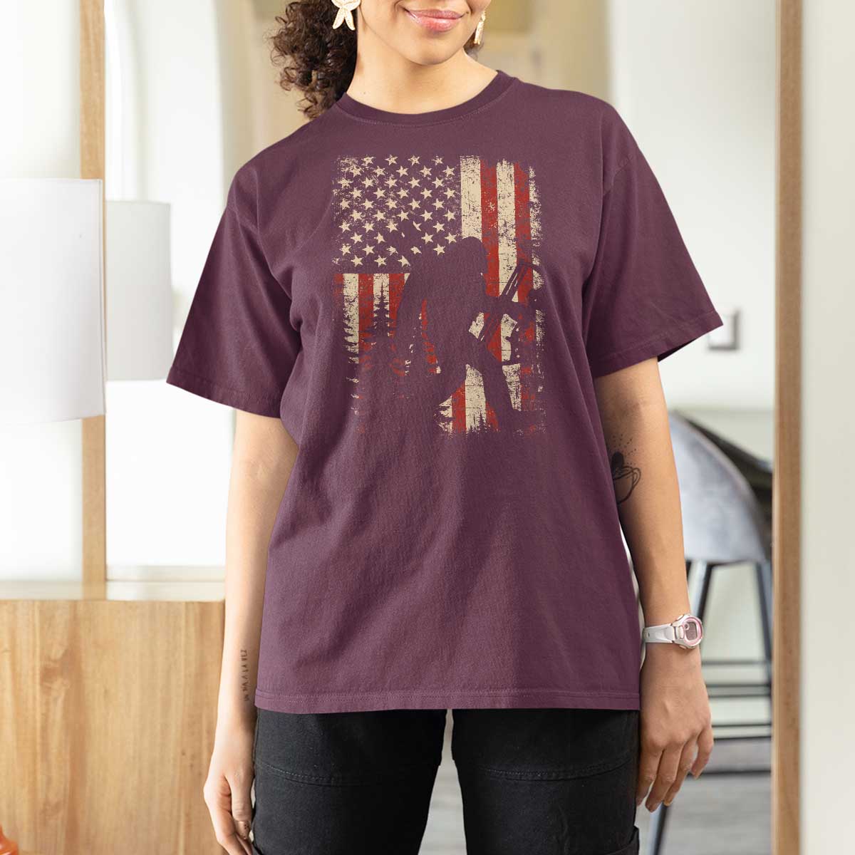 Bow Hunting Bigfoot America Flag T Shirt For Women Patriotic Sasquatch With Archer Hunter Dad