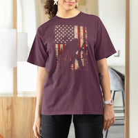 Bow Hunting Bigfoot America Flag T Shirt For Women Patriotic Sasquatch With Archer Hunter Dad