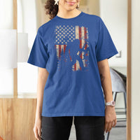 Bow Hunting Bigfoot America Flag T Shirt For Women Patriotic Sasquatch With Archer Hunter Dad