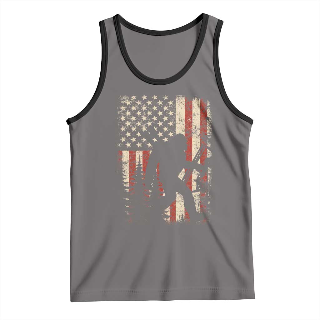 Bow Hunting Bigfoot America Flag Tank Top Patriotic Sasquatch With Archer Hunter Dad