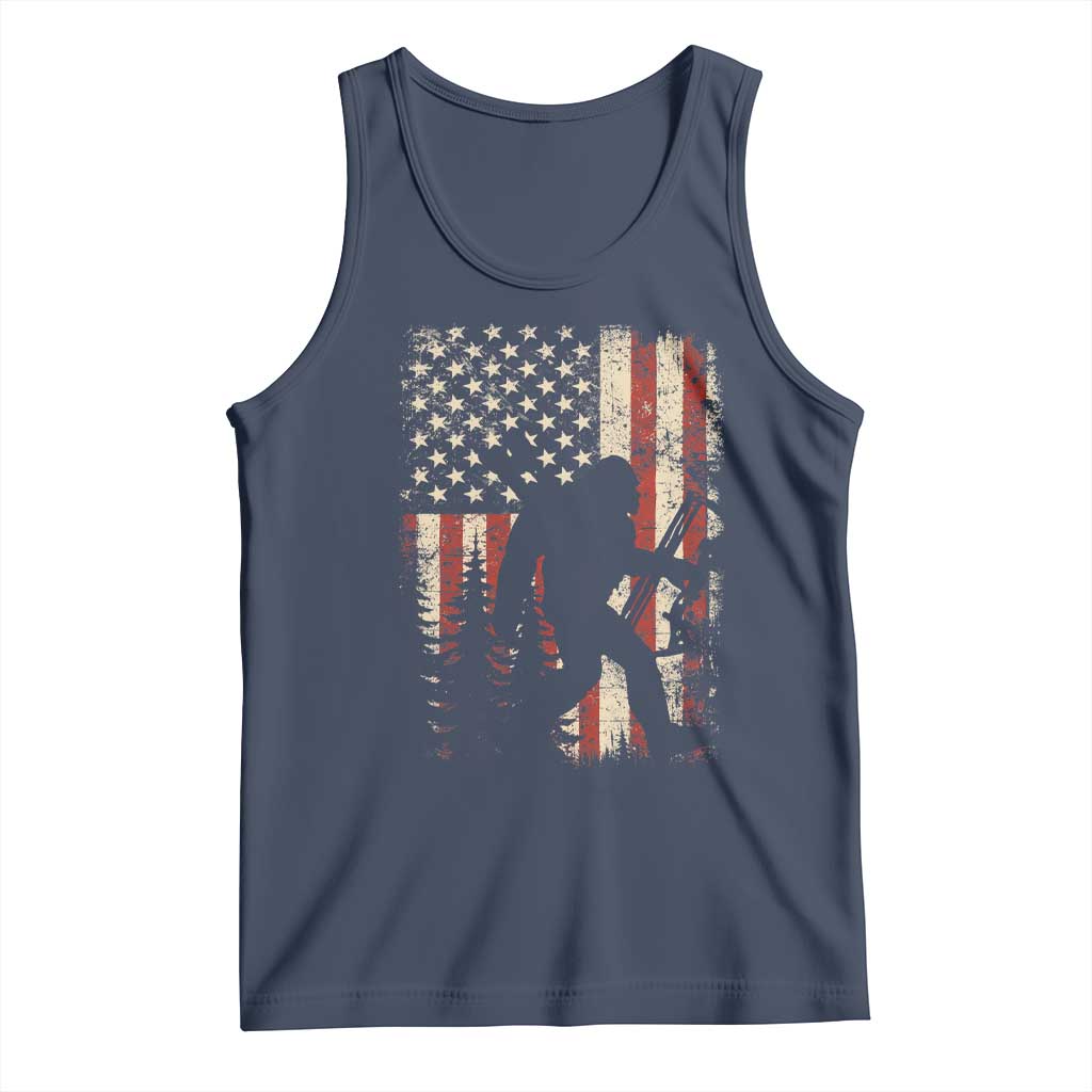 Bow Hunting Bigfoot America Flag Tank Top Patriotic Sasquatch With Archer Hunter Dad