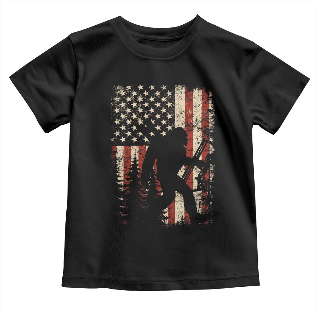 Bow Hunting Bigfoot America Flag Toddler T Shirt Patriotic Sasquatch With Archer Hunter Dad