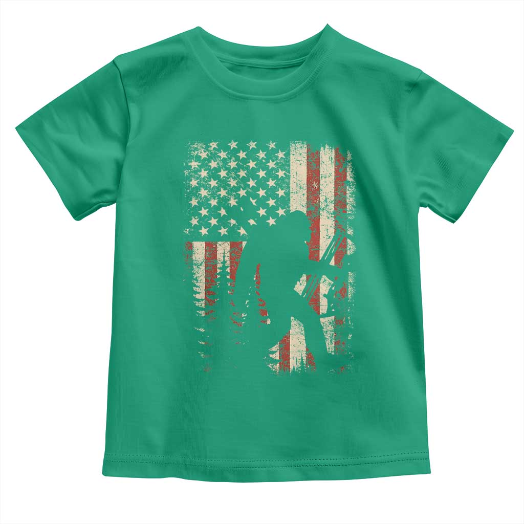 Bow Hunting Bigfoot America Flag Toddler T Shirt Patriotic Sasquatch With Archer Hunter Dad