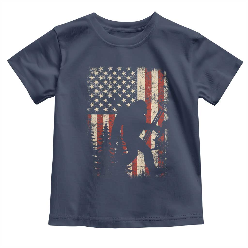 Bow Hunting Bigfoot America Flag Toddler T Shirt Patriotic Sasquatch With Archer Hunter Dad