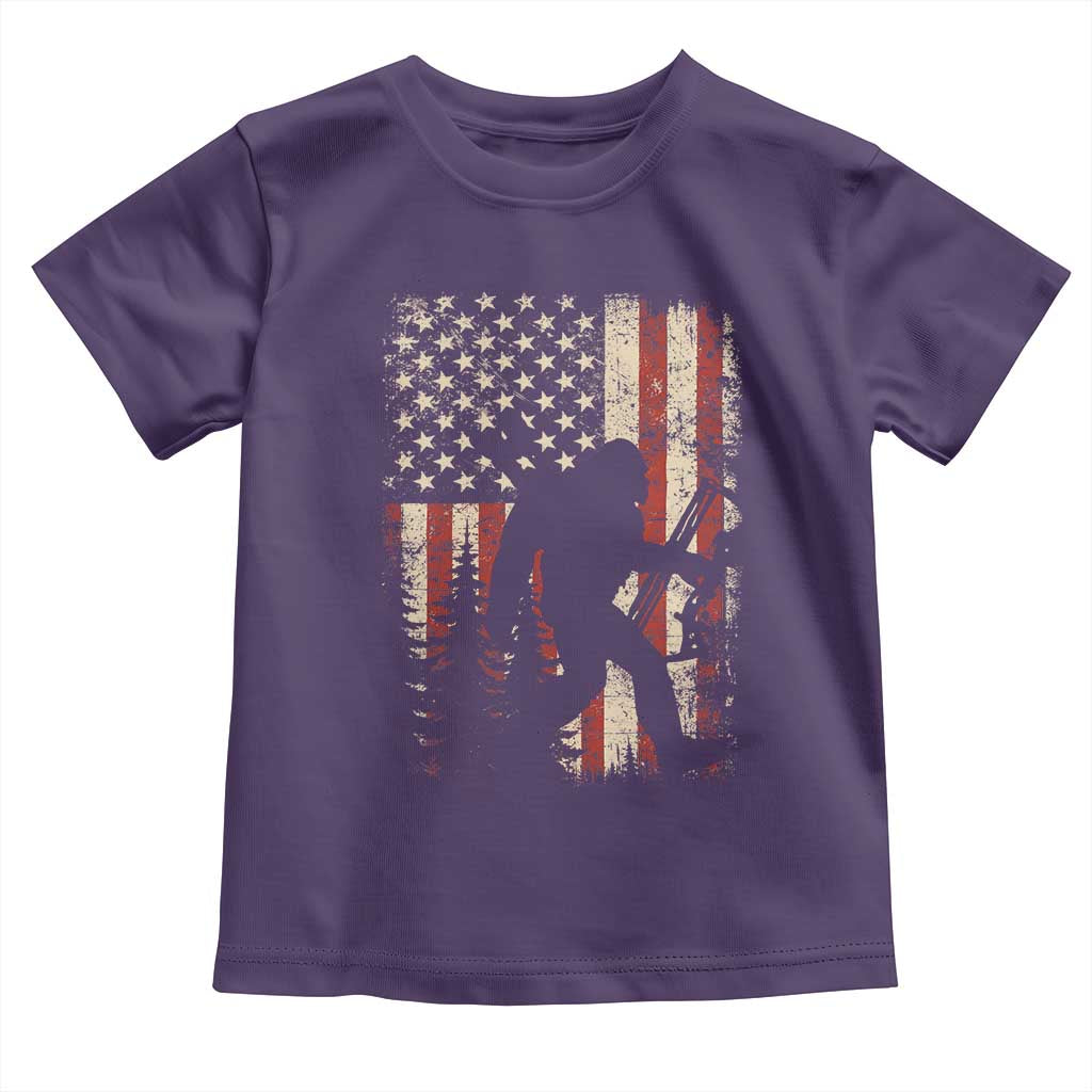 Bow Hunting Bigfoot America Flag Toddler T Shirt Patriotic Sasquatch With Archer Hunter Dad