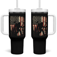 Bow Hunting Bigfoot America Flag Tumbler With Handle Patriotic Sasquatch With Archer Hunter Dad