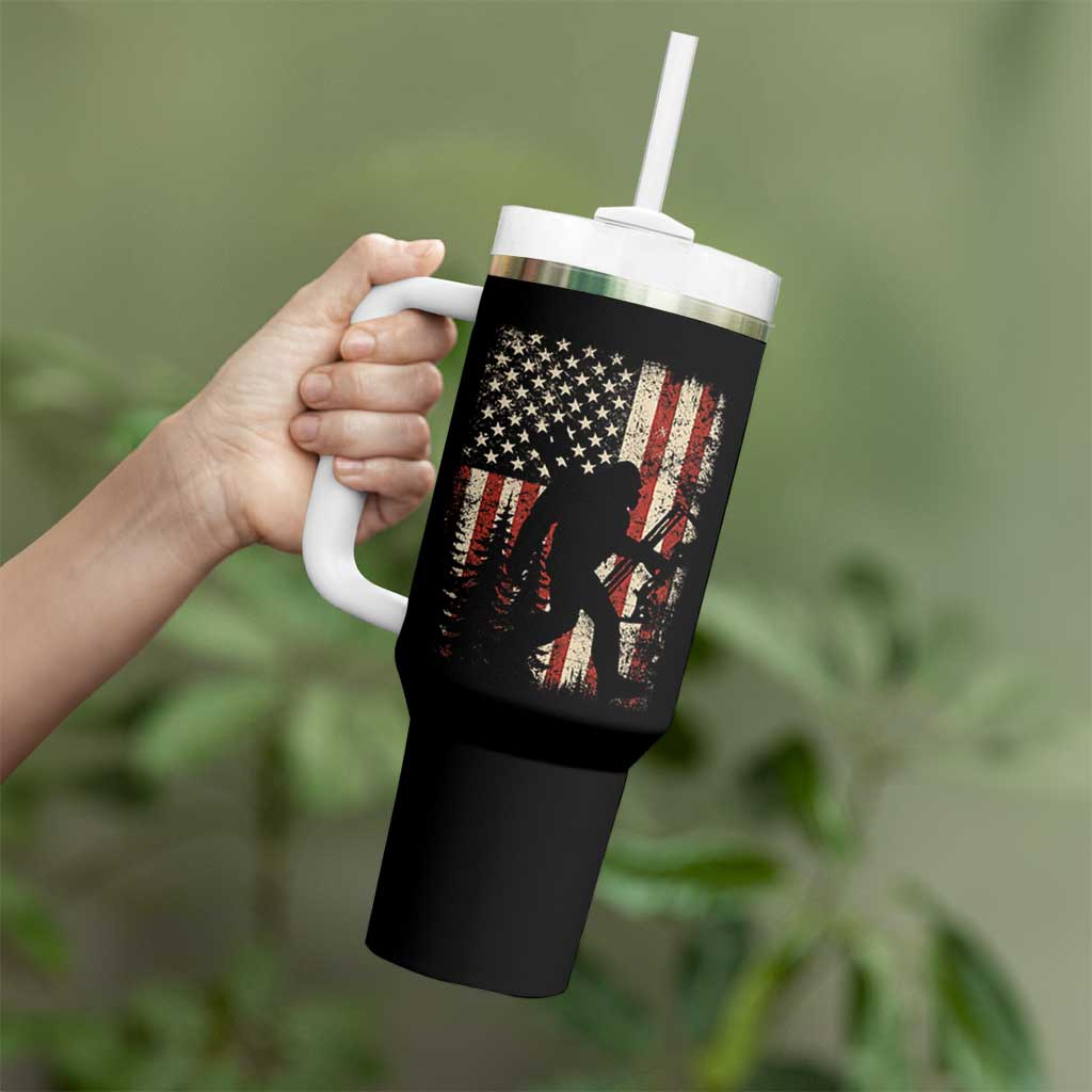 Bow Hunting Bigfoot America Flag Tumbler With Handle Patriotic Sasquatch With Archer Hunter Dad