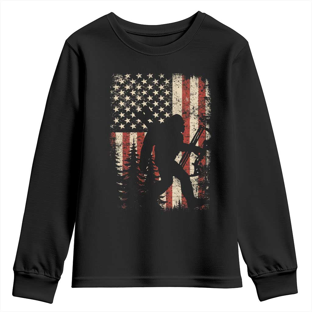 Bow Hunting Bigfoot America Flag Youth Sweatshirt Patriotic Sasquatch With Archer Hunter Dad