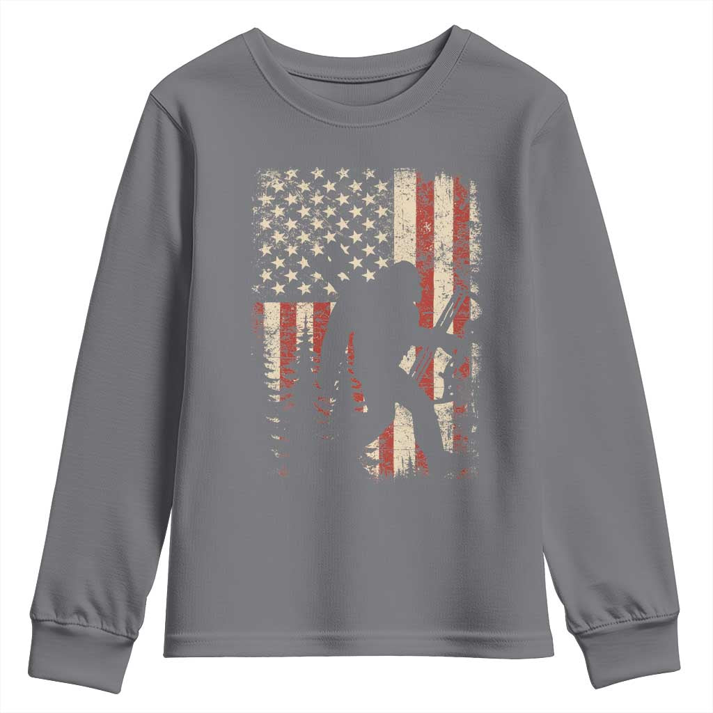 Bow Hunting Bigfoot America Flag Youth Sweatshirt Patriotic Sasquatch With Archer Hunter Dad
