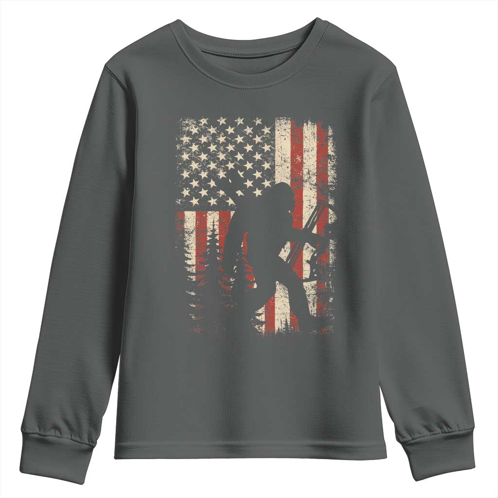 Bow Hunting Bigfoot America Flag Youth Sweatshirt Patriotic Sasquatch With Archer Hunter Dad