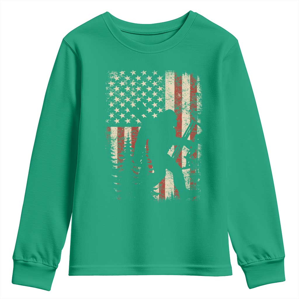 Bow Hunting Bigfoot America Flag Youth Sweatshirt Patriotic Sasquatch With Archer Hunter Dad