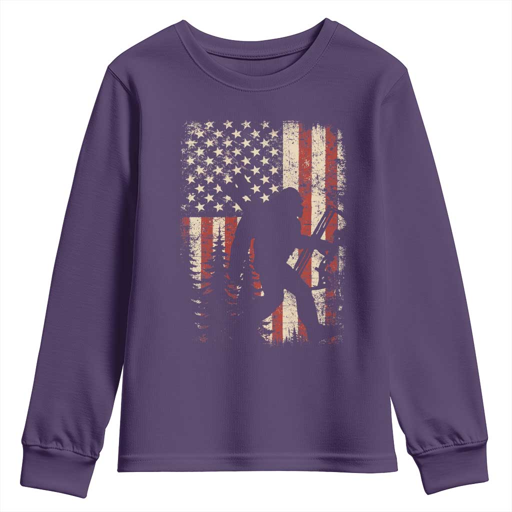 Bow Hunting Bigfoot America Flag Youth Sweatshirt Patriotic Sasquatch With Archer Hunter Dad