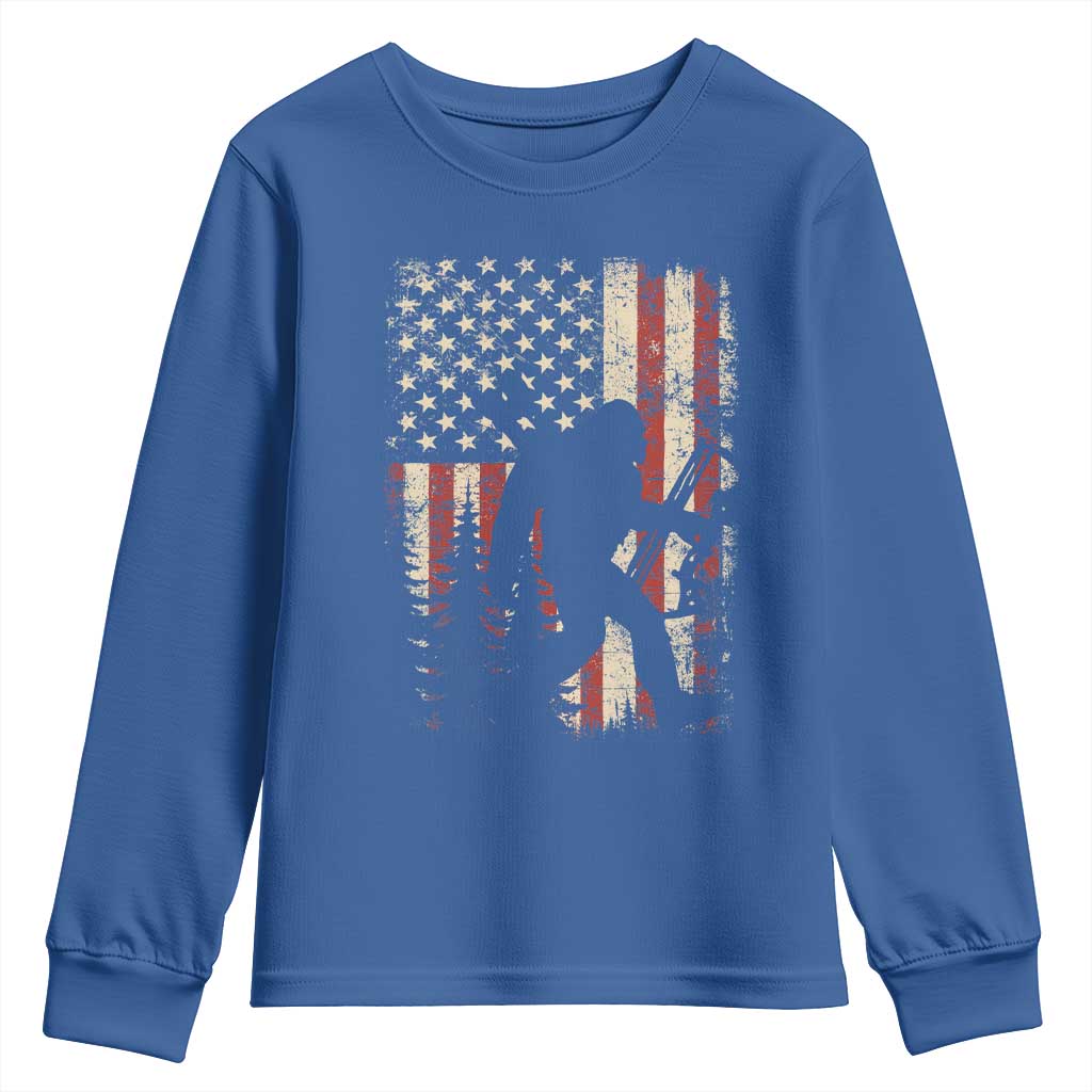 Bow Hunting Bigfoot America Flag Youth Sweatshirt Patriotic Sasquatch With Archer Hunter Dad