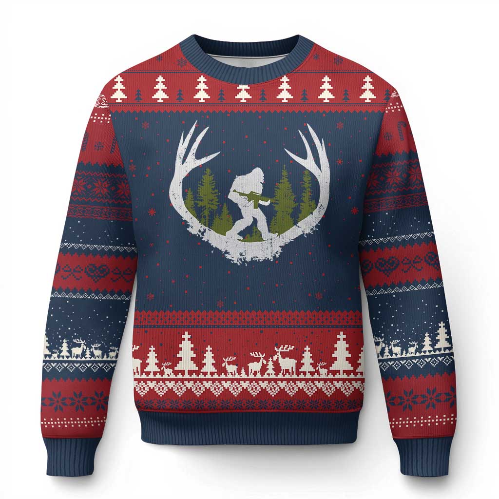 Bigfoot Gun Owner Ugly Christmas Sweater Retro Deer Hunting Sasquatch Hunter Dad