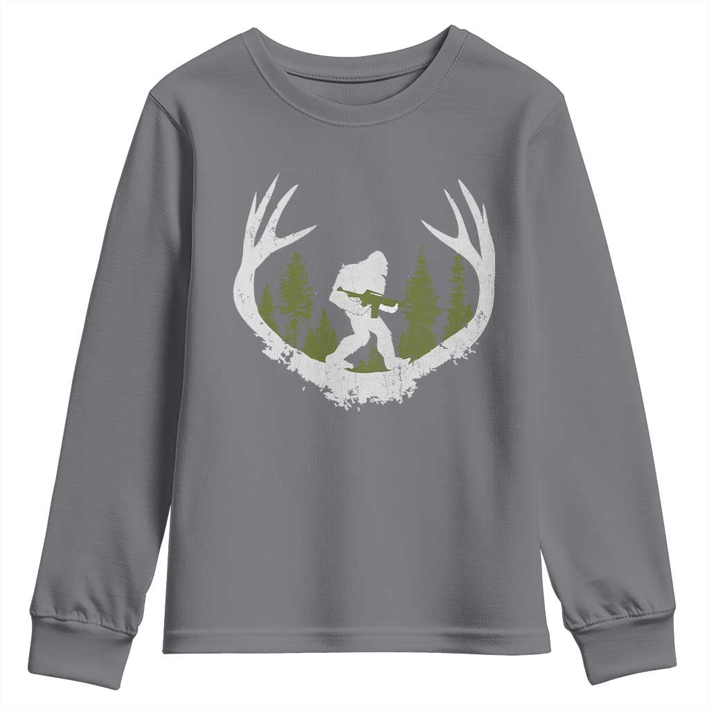 Bigfoot Gun Owner Youth Sweatshirt Retro Deer Hunting Sasquatch Hunter Dad
