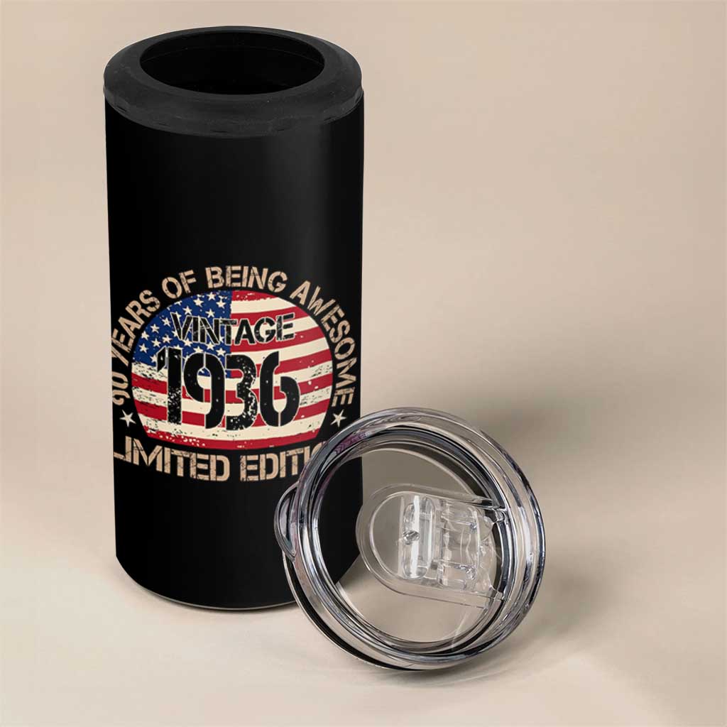 90th Birthday 4 in 1 Can Cooler Tumbler Vintage 1936 90 Year Old Birthday USA Flag