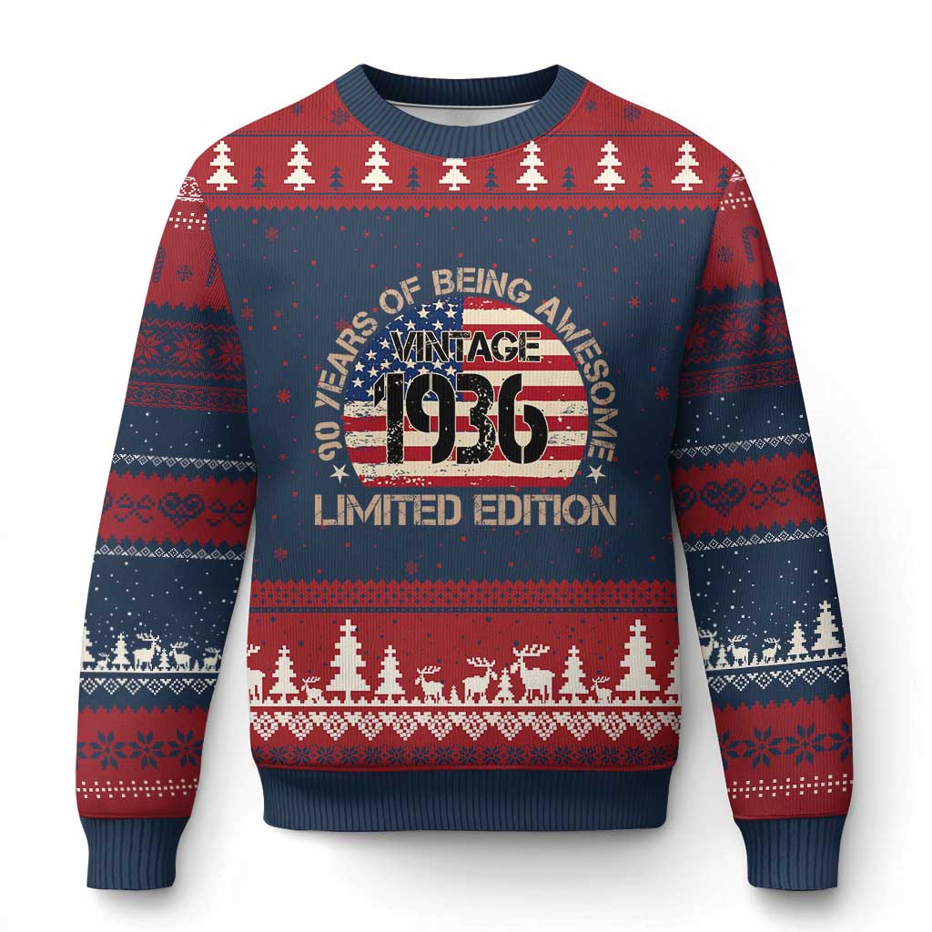 90th Birthday Ugly Christmas Sweater Vintage 1936 90 Year Old Birthday USA Flag