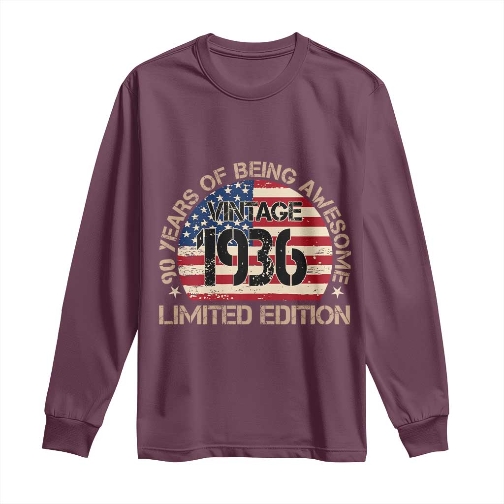 90th Birthday Long Sleeve Shirt Vintage 1936 90 Year Old Birthday USA Flag