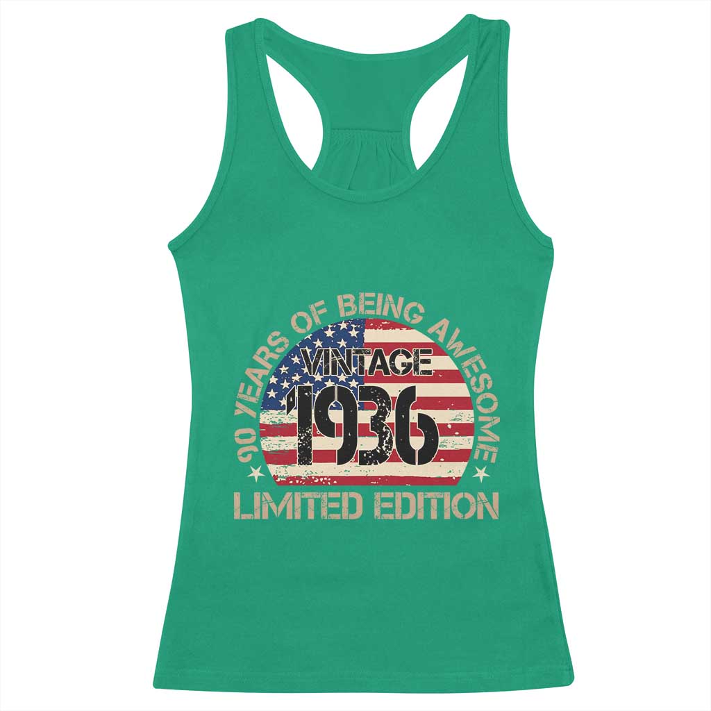 90th Birthday Racerback Tank Top Vintage 1936 90 Year Old Birthday USA Flag