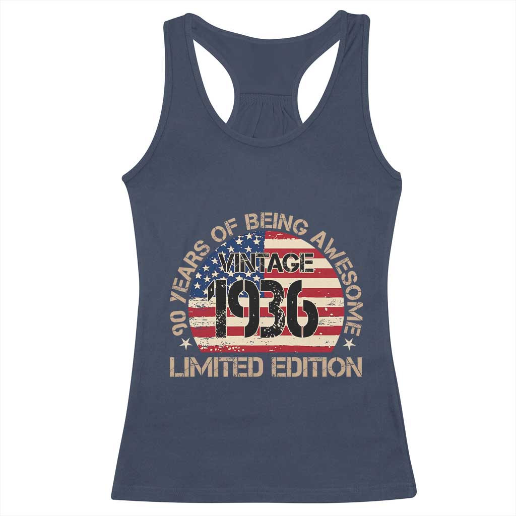 90th Birthday Racerback Tank Top Vintage 1936 90 Year Old Birthday USA Flag