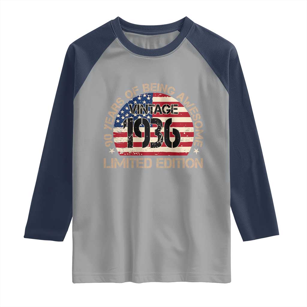 90th Birthday Raglan Shirt Vintage 1936 90 Year Old Birthday USA Flag